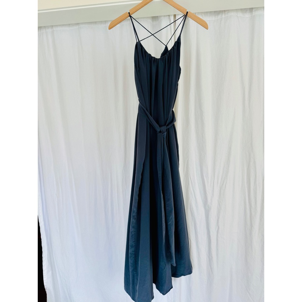 French Connection Silk Maxi Dress Grey Cross Back Tie Waist Formal Size 4